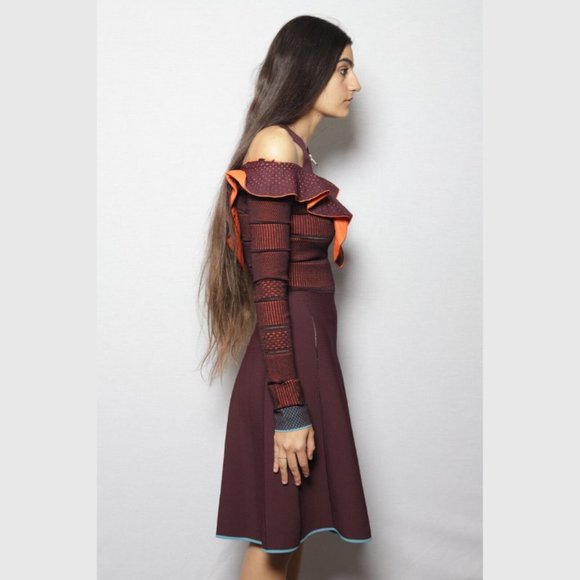 Versace Pre Fall 2017 Ruffle Knit Skater Dress Burgundy Orange Blue Sz 38 A77255 - Picture 5 of 8
